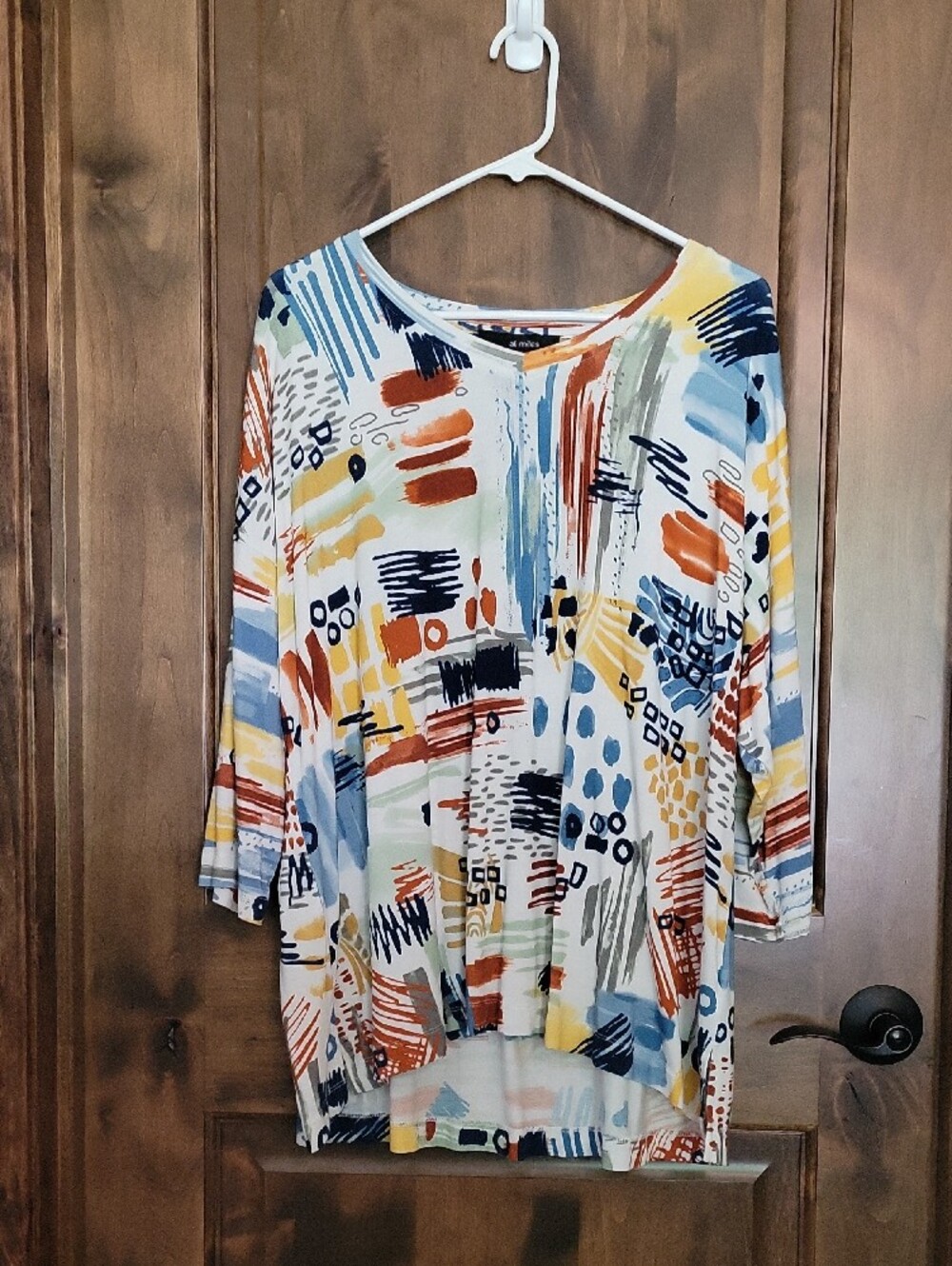 Ali Miles 1X Multicolor Abstract Brushstroke Tunic in Blues, Rust & Yellow. NWOT